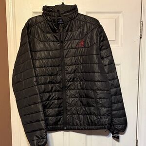 Campus Heritage Black Quilted Puffer Jacket with Red 'A' Accent